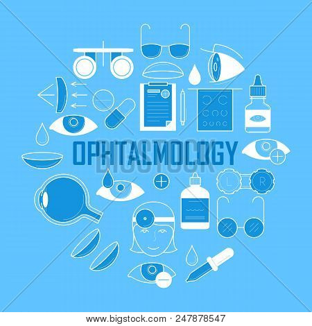 Ophthalmology Banner With Outline Pictograms. Ophthalmology Healthcare, Medical Support Vector Illus