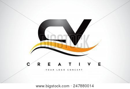 Cv C V Swoosh Letter Logo Design With Modern Yellow Swoosh Curved Lines Vector Illustration.