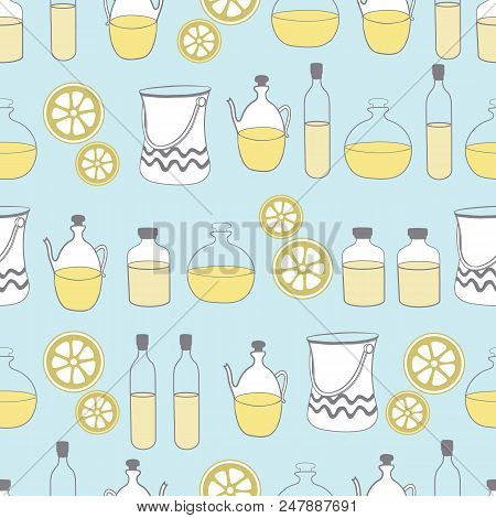 Bottles Of Oil Vase And Lemon-spa In The Country. Seamless Repeat Pattern. Vector Pattern Background