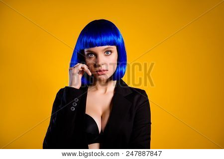 Portrait Of Fancy Freak Bitch In Black Jacket Bright Blue Wig Having Baby-face Big Tits Looking At C