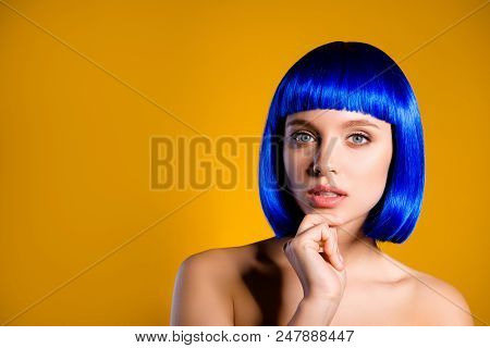 Portrait With Copy Space Empty Place For Product Of Thoughtful Dreamy Lady In Blue Wig Holding Hand