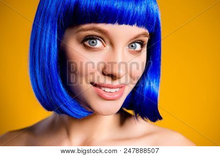 Closeup Cropped Portrait Of Cheerful Positive Lady In Blue Wig Having Natural Makeup Modern Hairdo I