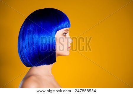 Profile Portrait With Copyspace Empty Place For Product Of Pretty Modern Woman In Bright Blue Wig Is