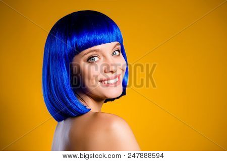 Portrait With Copy Space Empty Place For Product Of Cheerful Positive Woman In Vivid Blue Wig Lookin