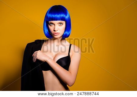 Portrait With Copy Space Empty Place For Advertisement Of Serious Naughty Girl In Vivid Blue Wig Hav