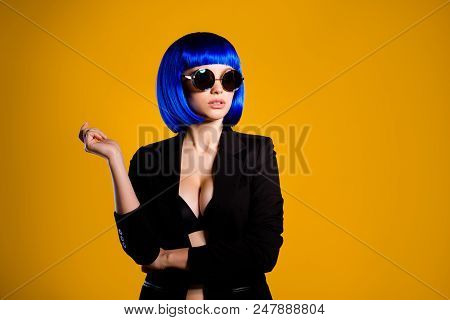 Portrait Of Stunning Naughty Woman In Vivid Blue Wig  Summer Glasses Black Jacket Having Big Tits Is