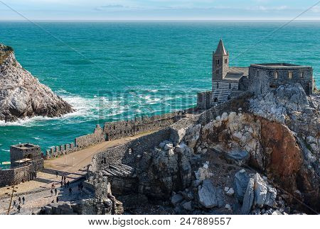 The Ancient Church Of San Pietro (st. Peter Consecrated In 1198) In Portovenere Or Porto Venere (une