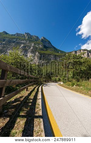 Bicycle Path In The Sarca Valley (valle Del Sarca). Trentino Alto Adige, Italy, Europe