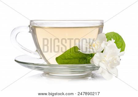 Glass Cup Of Tea With Jasmine Flowers Isolated On White Background