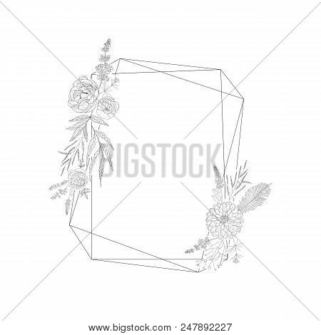 Floral Frame With Christal. Greeting Card With Peony, Daliha, Fern.