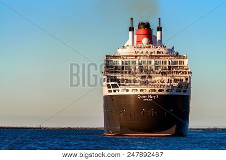 Adelaide, Australia - February 16, 2018: Cunard Line Rms Queen Mary 2 With People On Board Ready For