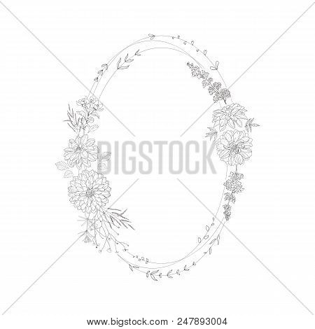 Floral Frame With Daliha And Plants. Flower Decoration For Greeting Card.