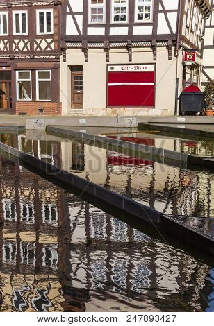 Hann. Munden, Germany - May 07, 2018: Old Houses With Reflection In The Water In Hann. Munden, Germa