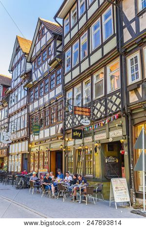 Hann. Munden, Germany - May 07, 2018: Traditional Cafe In The Colorful Streets Of Hann. Munden, Germ