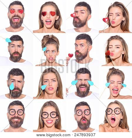 Emotion Set. Feeling And Emotions. Human Emotions, Facial Expression Concept. Collage Of Different E