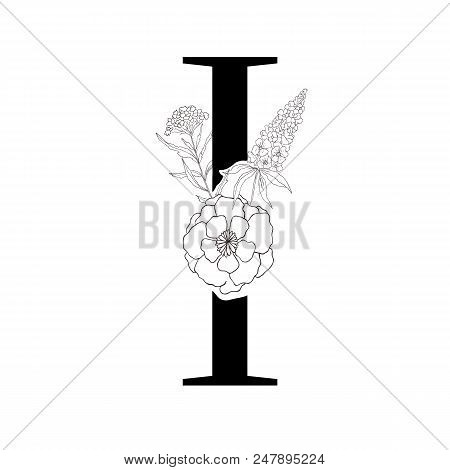 Floral Alphabet. Decorative Serif Letter. Uppercase Font.