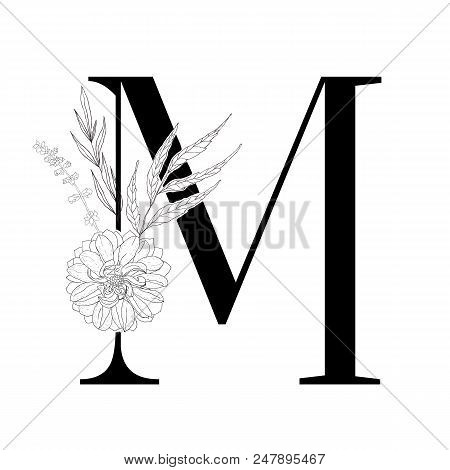 Floral Alphabet. Decorative Serif Letter. Uppercase Font.