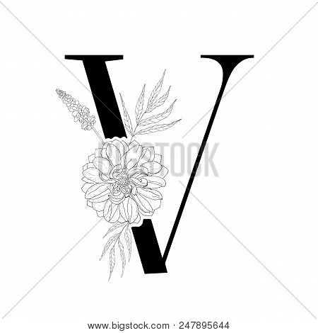 Floral Alphabet. Decorative Serif Letter. Uppercase Font.