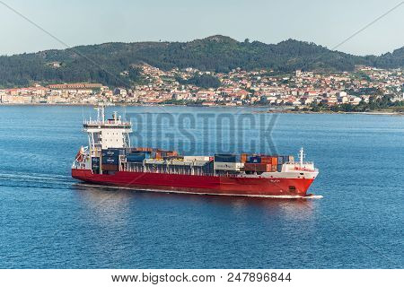 Vigo, Spain - May 20, 2017: Container Ship Ruth Sailing On The Vigo Inlet On Its Way To Vigo, Galici