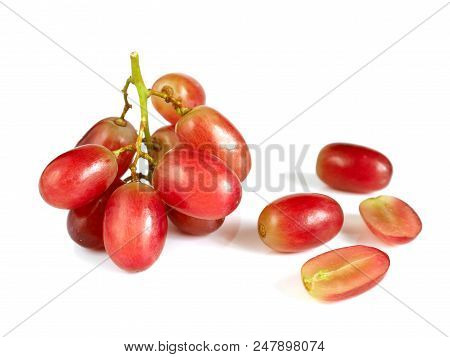 Fresh Red Seedless Grapes Isolated On White Background With Copy Space
