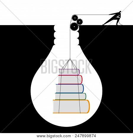 Businessman Lifting Books From Trap, The Trap Is In The Shape Of A Light Bulb.