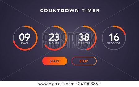 Vector Illustration Countdown Timer Website Element With Buttons. Flat Digital Clock Timer Applicati