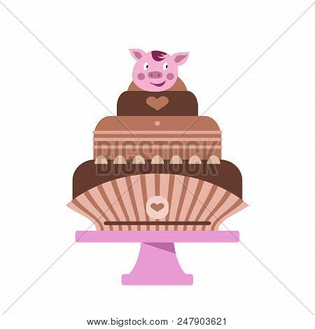Beautiful  Chocolate  Birthday Cake In Cartoon Style. Vector Illustration.
