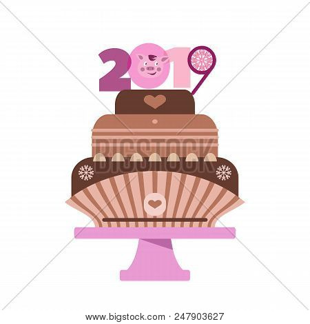 Beautiful  Chocolate   Cake In Cartoon Style. Pig- Simbol 2019 New Year. Vector Illustration.