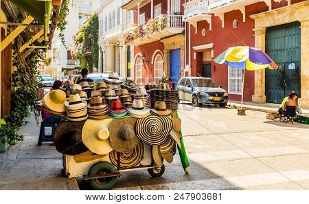 Cartagena, Colombia. March 2018. A View Of A Traditional Hat Stall In Cartagena Colombia.