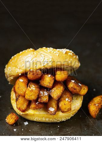 Close Up Of Traditional English Chip Butty Sandwich