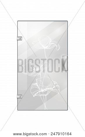 Glassy Entrance Door With Flower Wavy White Lines And Doorhandle On White Background. Vector Illustr