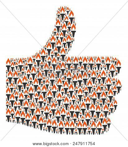 Validate Figure Built With Fire Torch Items In Variable Sizes. Abstract Vector Thumb Finger Up Conce