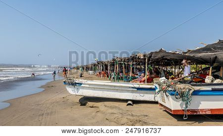 La Boquilla Cartagena, Colombia. March 2018. A View Of Boats On La Boquilla Beach Near Cartagena Col