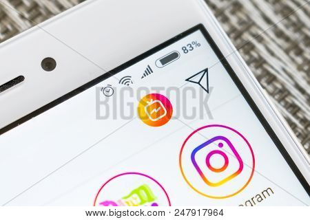 Kropivnitskiy, Ukraine - 23 June, 2018: Smartphone Screen With The Logo Of Igtv Instagram Close Up. 