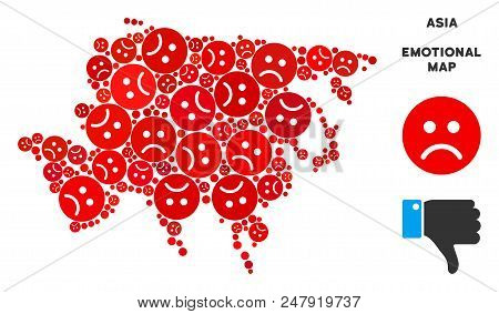 Emotion Asia Map Collage Of Sad Emojis In Red Colors. Negative Mood Vector Concept Of Crisis Regions