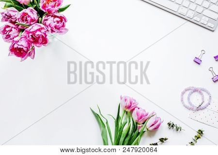 Spring Pink Flowers On Workdesk At Home Ofiice White Background Top View Mockup