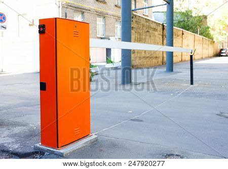 Security System For Building Access - Barrier Gate Stop. Automatic Rising Arm Or Drop Barrier. Intel