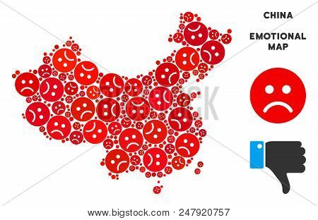 Emotion China Map Collage Of Sad Emojis In Red Colors. Negative Mood Vector Template Of Crisis Regio