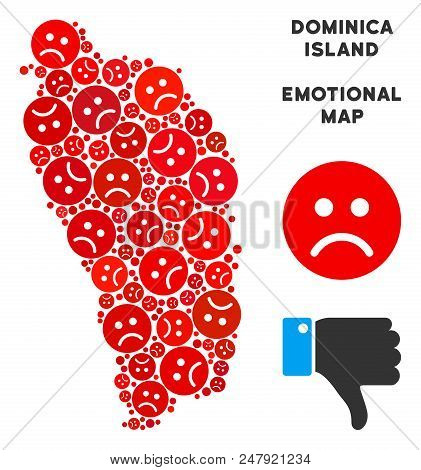 Emotion Dominica Island Map Mosaic Of Sad Emojis In Red Colors. Negative Mood Vector Template Of Cri