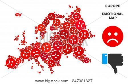 Sorrow Europe Map Collage Of Sad Emojis In Red Colors. Negative Mood Vector Concept Of Depression Re