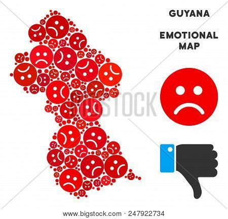 Emotional Guyana Map Composition Of Sad Emojis In Red Colors. Negative Mood Vector Template Of Depre