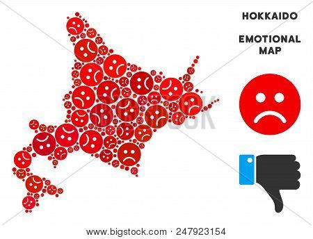 Emotional Hokkaido Island Map Collage Of Sad Emojis In Red Colors. Negative Mood Vector Concept Of C