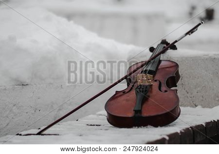 The Violin Lies On The Surface. Violin And Bow In The Snow. Wooden Red Violin Is On A White Snow Bac