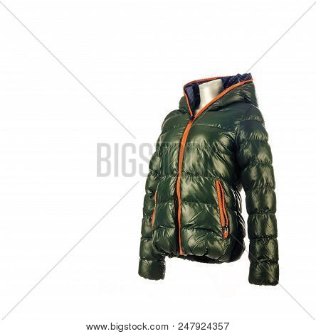 Casual Elegant Winter Green Feather Fluff Down Jacket With Red And Blue On Mannequin Isolated On Whi