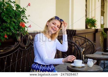 Mug Of Good Coffee In Morning Gives Me Energy Charge. Woman Elegant Happy Face Have Coffee Cafe Terr