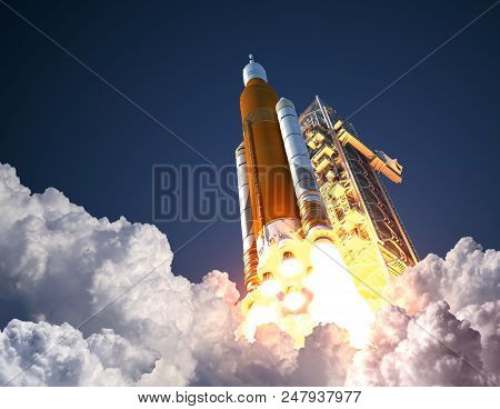 Space Launch System Takes Off. 3d Illustration.