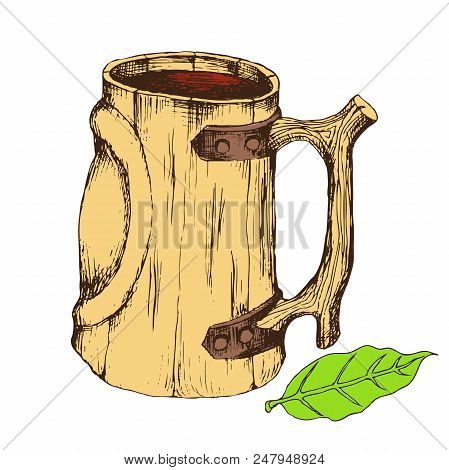 Wooden Mug For Drinks. Isolated Object On A White Background For The Design Of Advertising Beer Stor