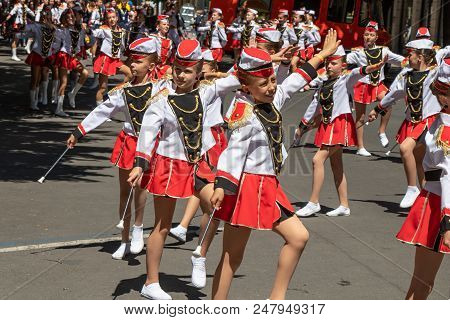 Prague, Czech Republic - July 1, 2018: Junior Majorettes Parading At Sokolsky Slet, A Once-every-six