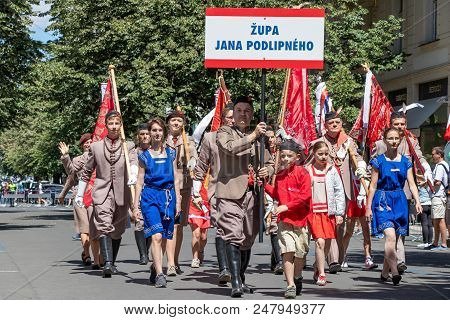 Prague, Czech Republic - July 1, 2018: People Parading At Sokolsky Slet, A Once-every-six-years Gath