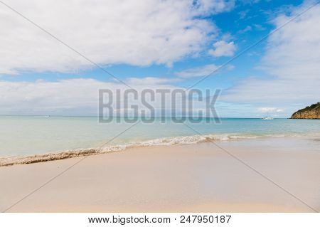 Idyllic Scene Sand Tropic Beach Wave Blue Sea. Everyone Should Visit Tropic Resort St.johns Antigua.